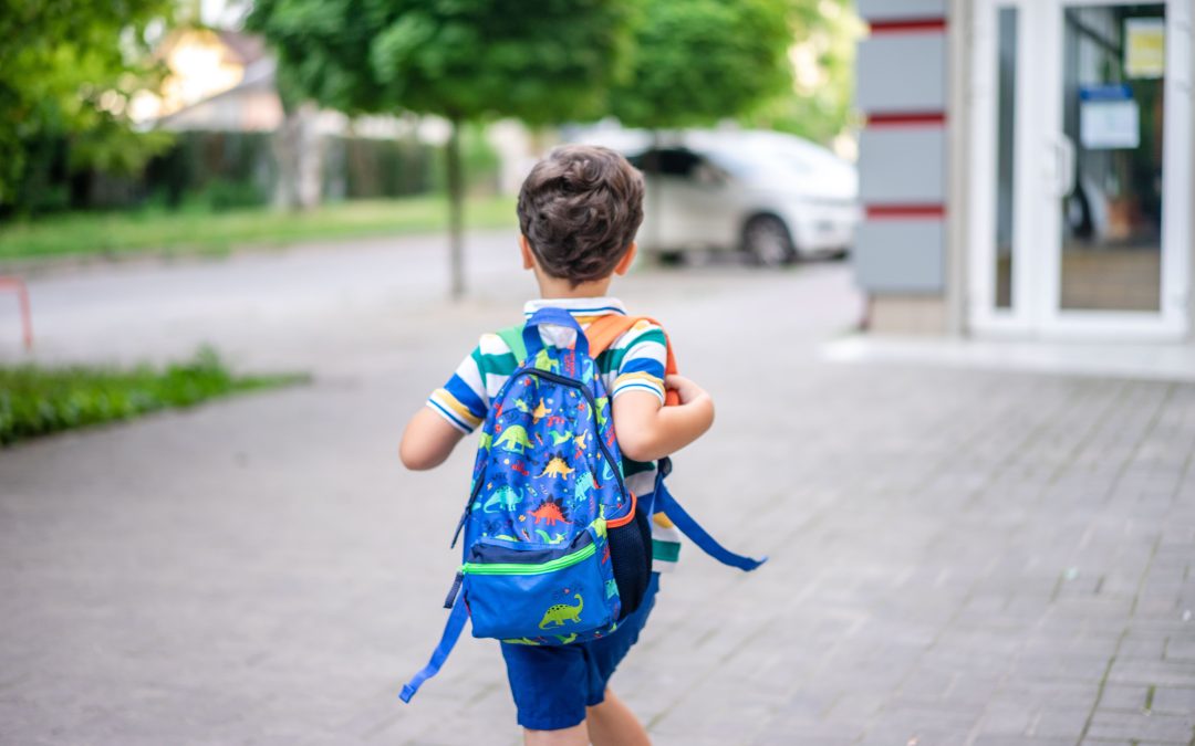 Young child walking to school wearing a backpack, viewed from behind