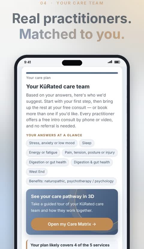 KūRCare Finder results screen showing a suggested KūRated care team based on your answers