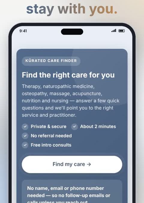 Welcome screen of the KūRCare Finder showing a free, private, two-minute provider matching tool with no referral needed