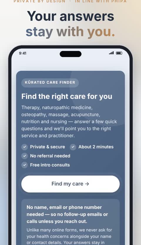Welcome screen of the KūRCare Finder showing a free, private, two-minute provider matching tool with no referral needed
