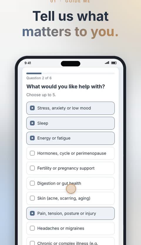KūRCare Finder question screen asking what you would like help with, with options such as stress, sleep, energy and pain